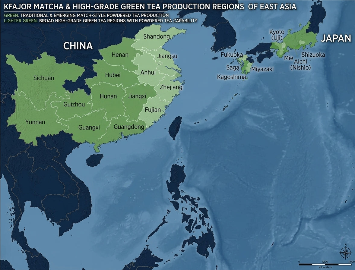 Map of high-grade matcha and green tea regions in East Asia